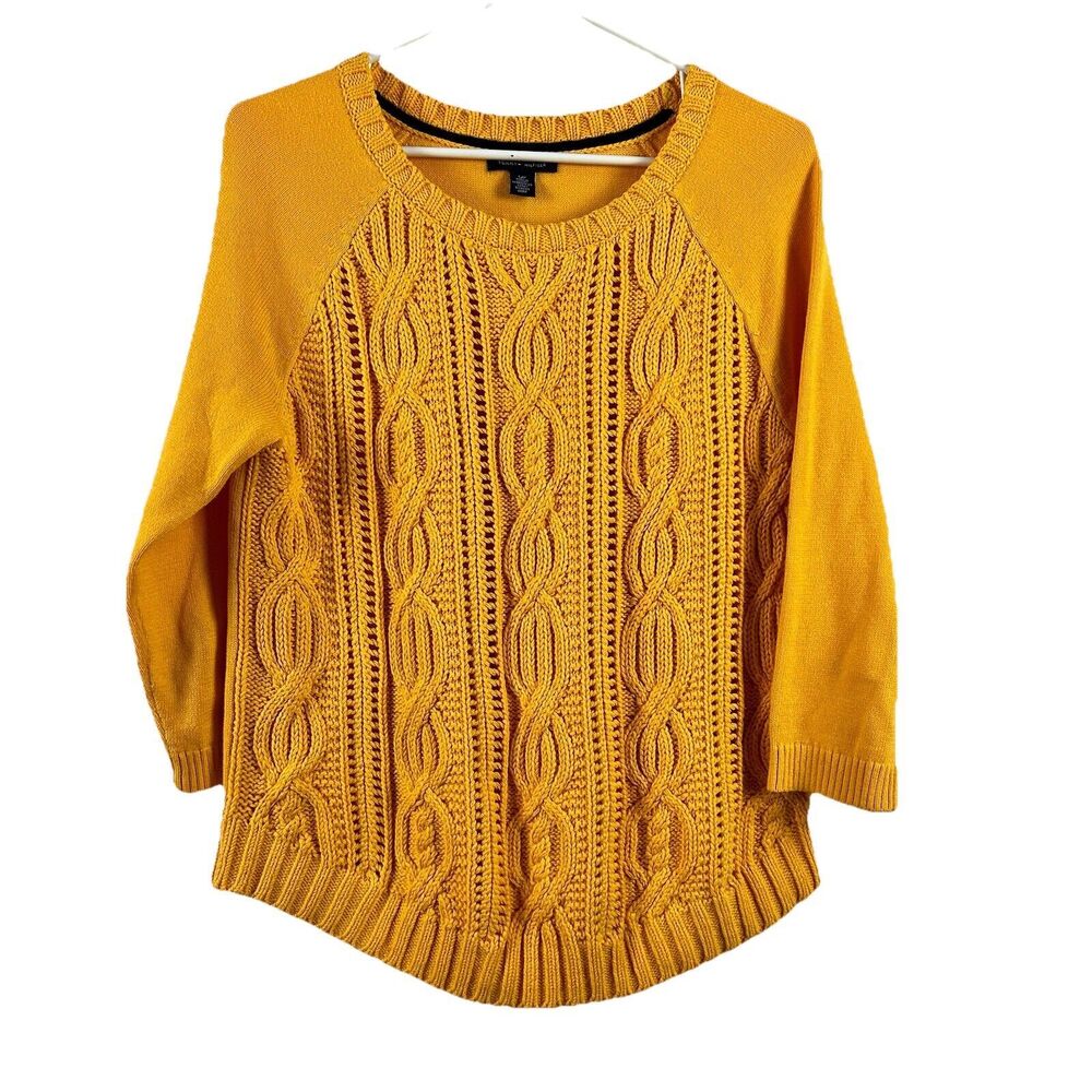 Tommy Hilfiger Womens Small Yellow Cable Knit Sweater Round Neck Long Sleeves
